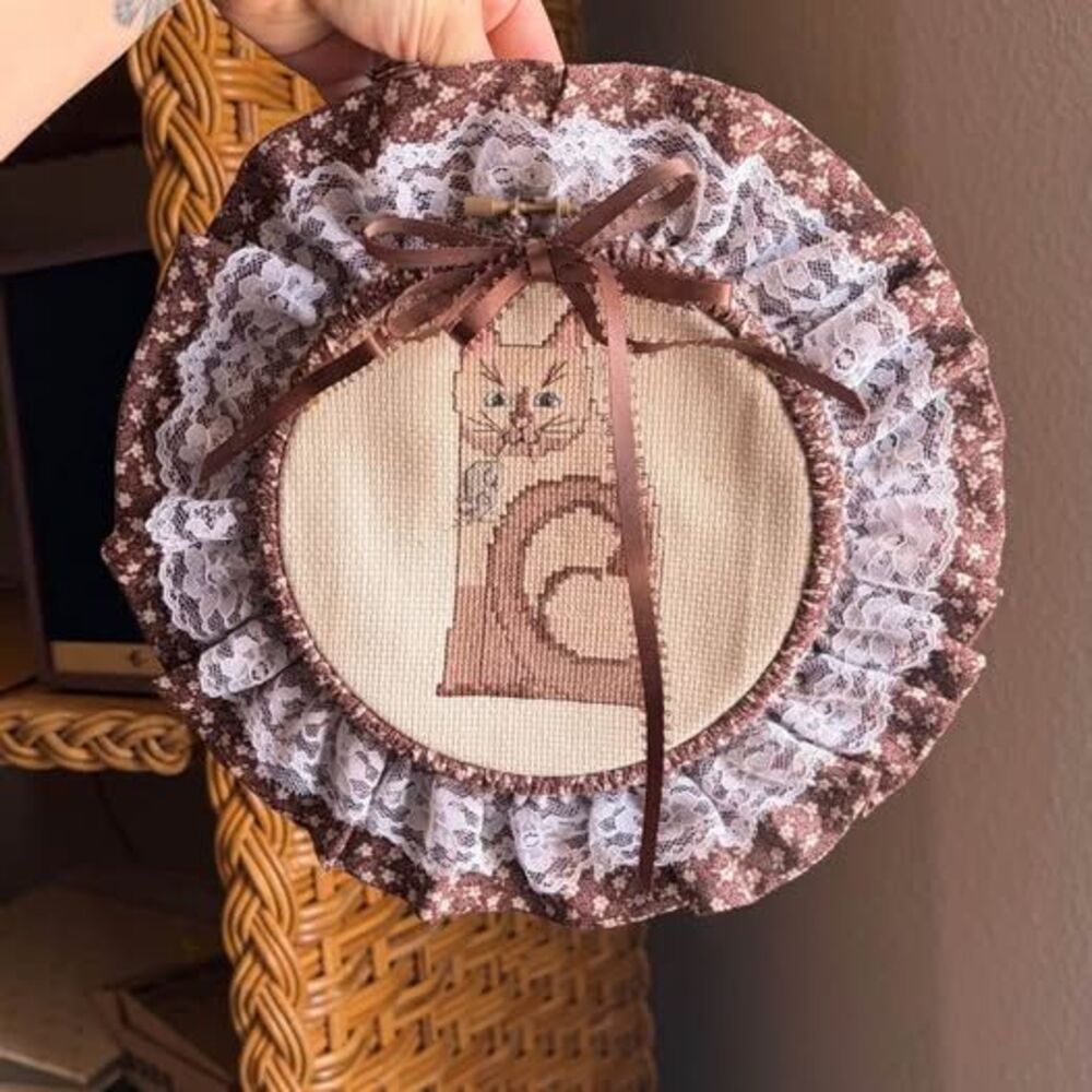 vintage cat cottage framed lace cross stitch
